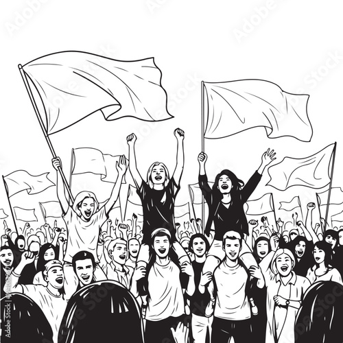 Joyful crowd at protest holding flags, people on shoulders cheering loudly