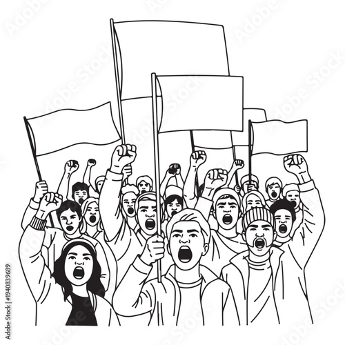 Angry crowd of people protesting holding blank signs and waving flags
