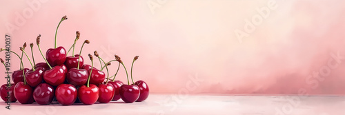 Ultra wide illustration of a pile of fresh cherries arranged on the left side with soft watercolor background and large copy space, ideal for healthy food ads, menus, and header banners