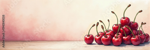 Ultra wide illustration of a pile of fresh cherries arranged on the right side with soft watercolor background and large copy space, ideal for healthy food ads, menus, and header banners