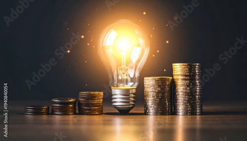 Financial innovation concept with glowing bulb and stacked coins representing wealth growth and strategic investment planning.