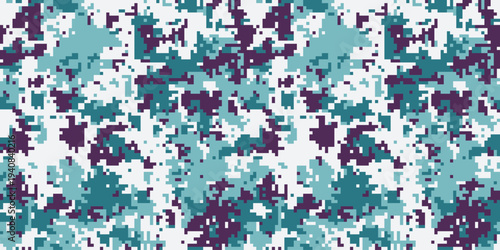 Abstract digital camouflage pattern in teal, purple, and white.  Perfect for backgrounds, textiles, or militaryinspired designs.