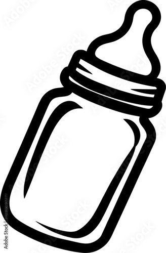 A simple black and white line art illustration of a classic baby feeding bottle with a nipple for infants and toddlers, ready for milk or formula, symbolizing early childhood care and nutrition.