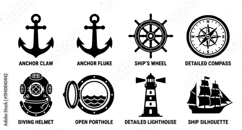 Flat design nautical icon set anchors ship wheel compass simple black silhouettes arranged in two rows close up vector view
