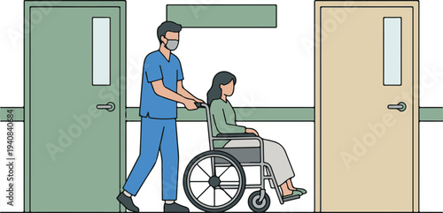 Medical assistant pushing female patient in wheelchair through hospital corridor