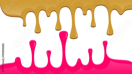 Wavy syrup illustration with dripping hot choco illustration background. Pink ice cream drip illustration. Fast food caramel drip illustration. Hand-drawn syrup drip on transparent background.