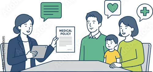 Insurance agent explaining medical policy to happy family with child