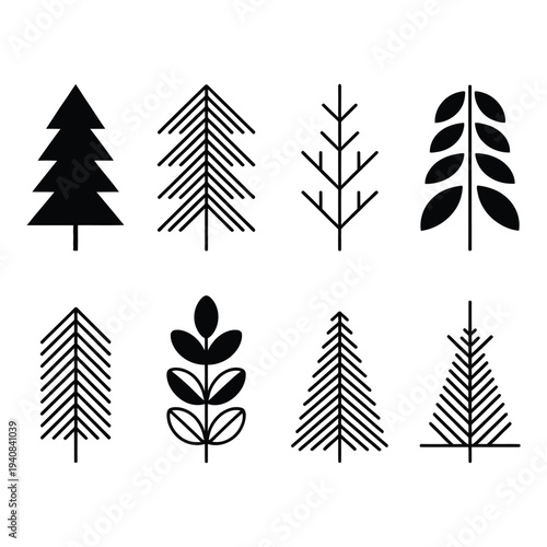 Assorted Stylized Black Tree and Plant Icons Featuring Geometric Outlines and Solid Shapes