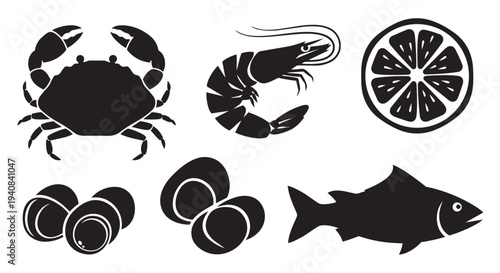 Assortment of seafood elements including crab, shrimp, lemon, oysters, and fish in vector illustration