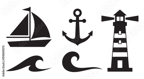 Vector illustration set of nautical symbols including lighthouse anchor and sailing boat on waves