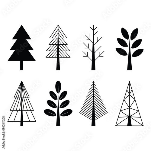 Collection of Diverse Stylized Black Tree and Leaf Icons with Geometric Patterns