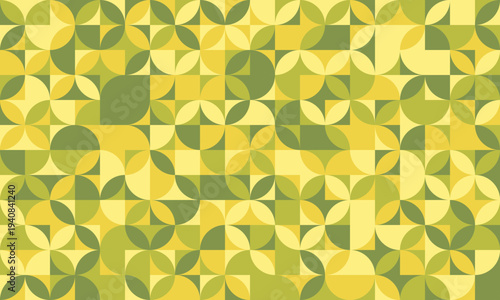 Abstract geometric seamless pattern.  Midcentury modern style design in calming yellow and green hues. Ideal for textile prints, website backgrounds, or branding elements.