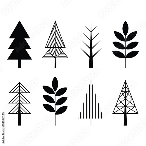 Collection of Minimalist Black and White Tree Icons with Various Stylized Designs