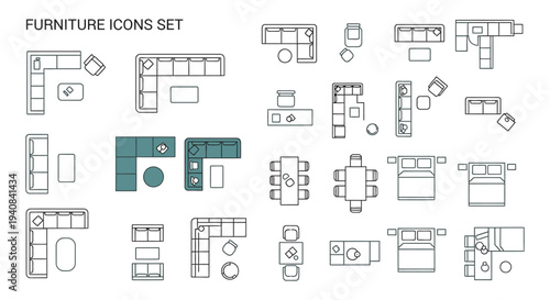 modern furniture icons set displaying various interior design elements and room layouts in a top-down view for architectural planning.