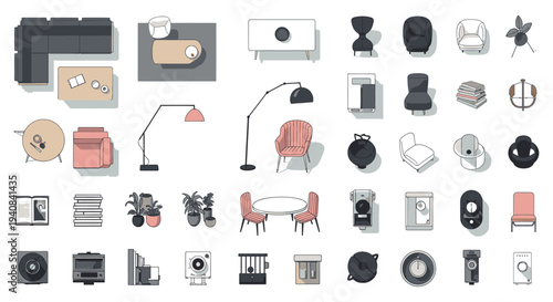 top-down and isometric vector icons of modern home furniture and smart devices for interior design and architectural plans.