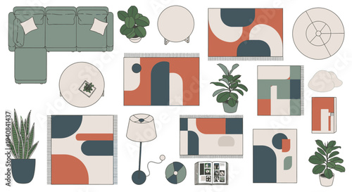 top-down flat lay of modern living room furniture plants and rugs ideal for minimalist interior design concepts