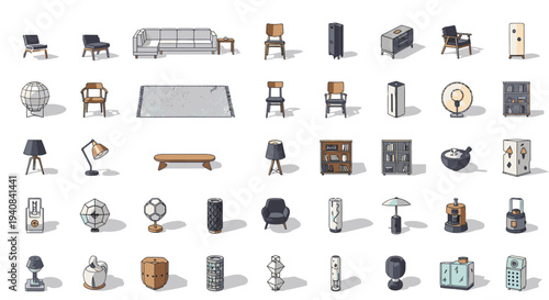 modern minimalist furniture and home decor 3d rendered with various household items lamps and seating on white.