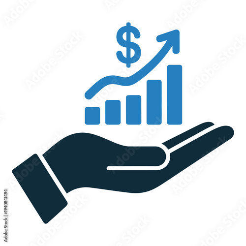 Hand holding a financial growth bar graph with rising arrow and dollar currency symbol