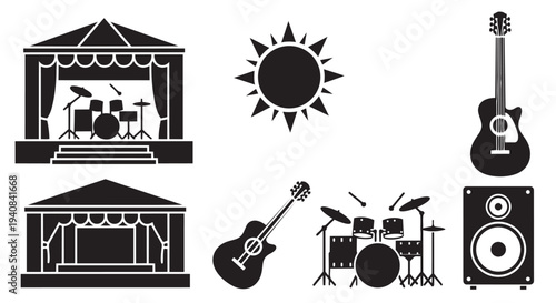 Music festival elements collection vector illustration for entertainment and event design projects online