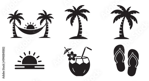 Set of tropical vacation icons including palm trees and beach accessories vector illustration