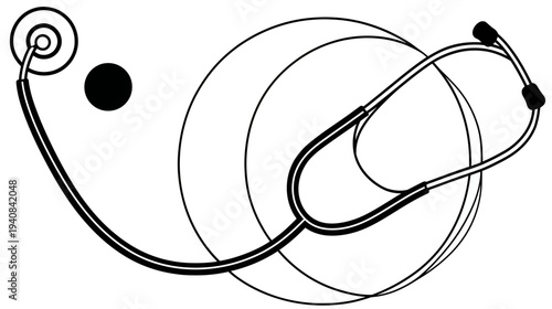 Stylized, black and white image of medical tool with circles and a black dot, minimalist