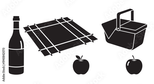Black and white picnic vector illustration with basket, apples, and wine bottle on blanket