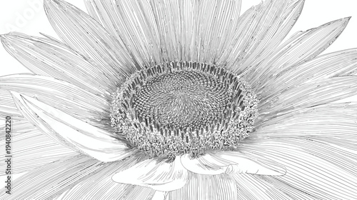 Intricate grayscale drawing showing a close-up of a flower's bloom, petals, and central disk