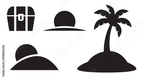 Vector illustration set of treasure island elements including palm tree and treasure chest