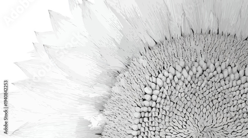 A detailed black and white, close-up study of a large, abstract flower