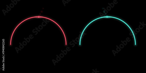 Two vibrant glowing neon arcs create a modern futuristic light display on a dark black background