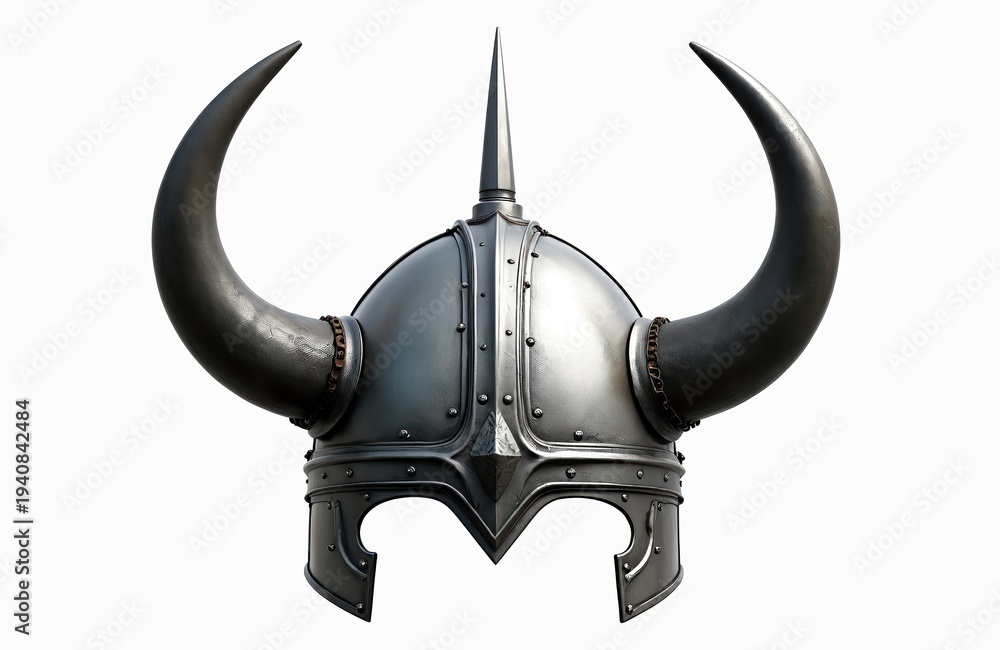 Fototapeta premium Silver metal viking helmet with large black horns and central spike. This historical headwear rests on a white background with a clipping path for easy editing.