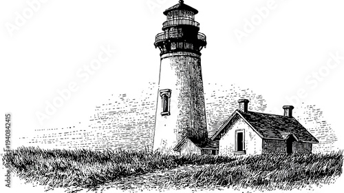 A tall cylindrical lighthouse with a smaller connected building. Engraved with black ink