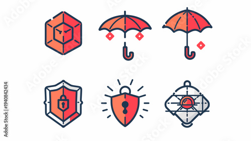 Collection of various, colorful, cartoon-styled illustrations. Featuring umbrellas, shields and geometric shapes