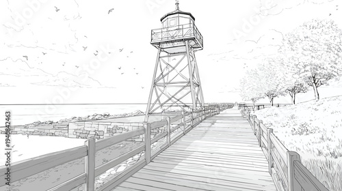 Black and white illustration of a coastal scene with a tall, skeletal lighthouse and wooden walkway