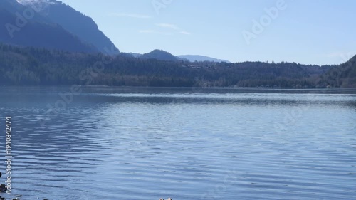 Boat crossing left to right on Cultus Lake at the Cultus Lake Provincial Park during a winter season in Fraser Valley, British Columbia, Canada