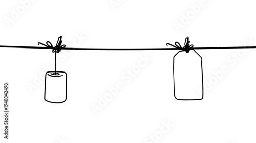 A minimalist illustration of two items suspended from a line with simple black outlines