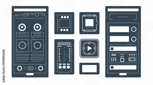 Silhouetted mobile phones and isolated interface elements in a flat, minimalist digital design