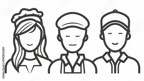 Simple monochrome illustration featuring three stylized human figures, representing different professions