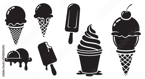 Collection of black vector ice cream illustrations in various styles and melting states