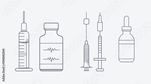 Gray outline illustration of medical tools including syringes, needles and medicine bottles