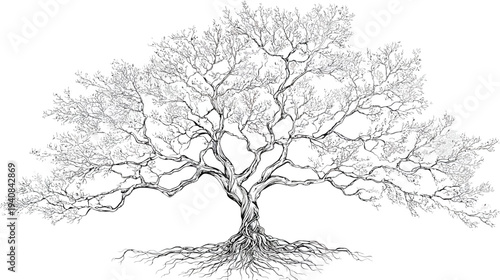 A grayscale illustration of a large tree with detailed branches, roots, and a textured trunk against white