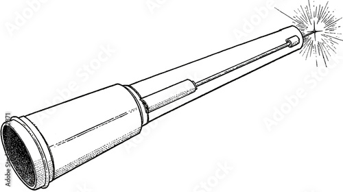 Black and white illustration of a futuristic device emitting radiant energy