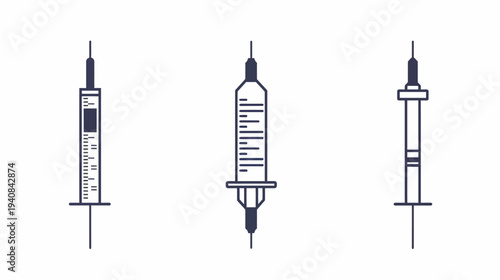 Three minimalist syringe illustrations in different styles, black outlines on a white background