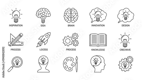 Set of Hand Drawn Icons Representing Creativity and Innovation Concepts.