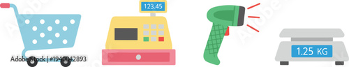 Modern supermarket shopping equipment vector set featuring retail icons like shopping cart cash register barcode scanner and digital weighing scale for business