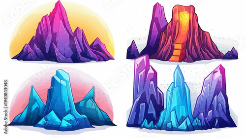 Four stylized illustrations of mountains or rock formations with varying color palettes