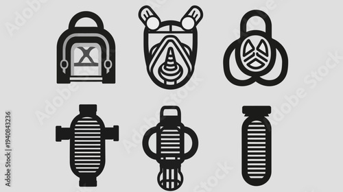 Six bold monochromatic icons, including a backpack, respirator, biohazard symbol, tank, bottle, and capsule on gray