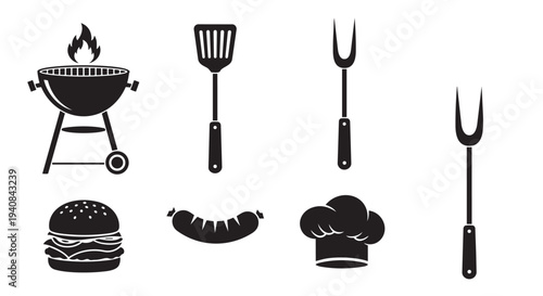 Barbecue grill cooking utensils and food vector illustration set for restaurant design and menu graphics