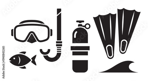 Scuba diving equipment vector illustration with mask, snorkel, tank, and flippers