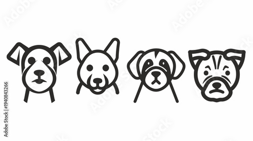 Four stylized black-and-white dog faces with different expressions and features on white background